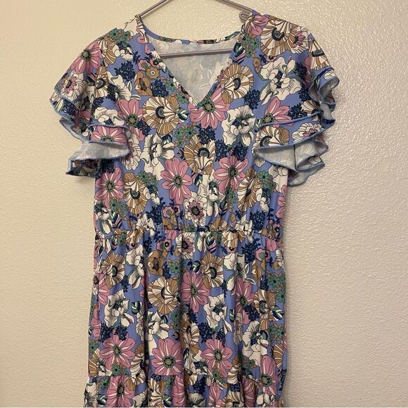 Floral print boho tiered v neck ruffle flutter sleeve purple Maxi summer Dress L - Picture 9 of 10